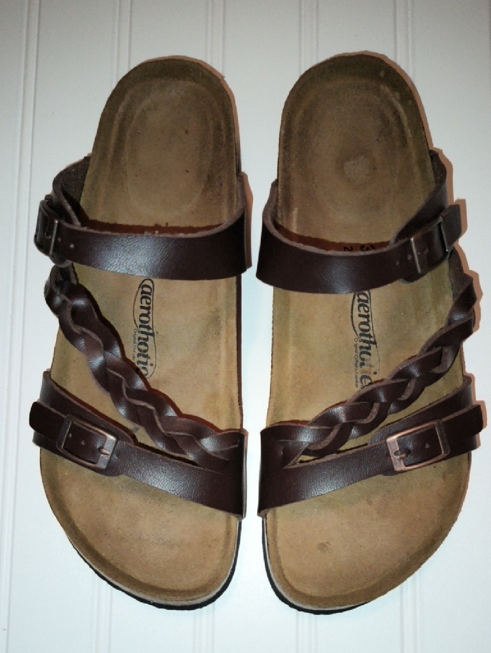 Aerothotic Brown Leather Braided Triple-Strap Sandals / Size 9